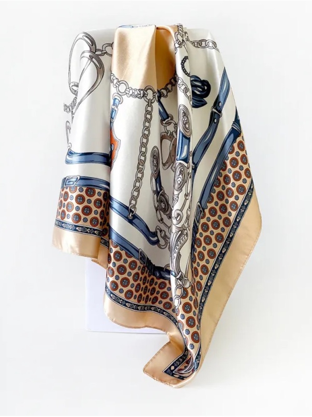 Classic Silk-Print Scarf in Cream, Navy & Camel